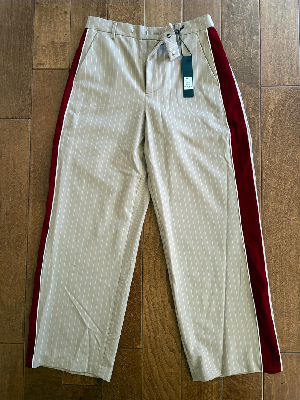Fashion Nova Cream Pinstripe Chinos with Burgundy Side Panels